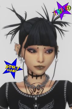 an animated image of a woman with black hair and piercings on her head, wearing earrings