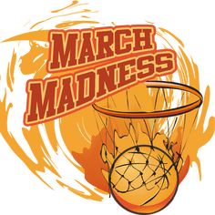 a basketball hoop with the words march madness in red and orange on it's side