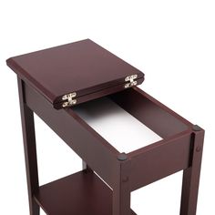 a small wooden table with a drawer on it's top and bottom section open