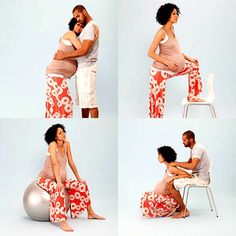 a man and woman sitting on top of a chair next to each other in different poses