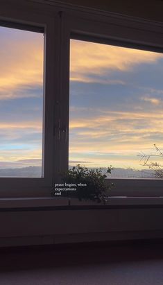 a window with a plant in it and some clouds outside the window panes at sunset