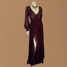 Olivaceous | Women’s Sheer Burgundy Billowing Long Sleeve Maxi Dress Flowy Wrap Dress | Size S New! Never Worn, With No Visible Sign Of Flaws. Video Does No Justice, Prettier In Person Rn# 135773 Gorgeous And Sexy Burgundy Floor Length Maxi Dress. A Sheer See-Through Plunging V-Neck, Wrap Bodice Sits Around A Scrunched Elastic Waist With A Tie Belt And Cascading Full Maxi Skirt With A Sultry Two Side Leg Splits. Beautiful Billowing Long Sleeves With Button Cuffs. Loose And Flowy Skirt Has A Mini Dark Red Flowy Dress, Sheer Wrap Dress, Long Purple Dress Casual, Dark Flowy Dress, Vampire Sorceress, Medieval Vampire, Flowy Wrap Dress, Purple Dress Casual, Red Flowy Dress