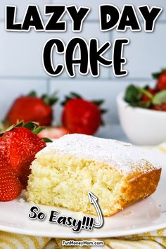 a close up of a piece of cake on a plate with strawberries in the background