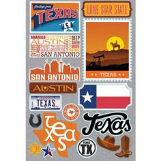 the texas state sticker sheet is shown in various colors and designs, including an image of