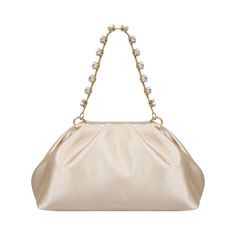 This elegant bag is crafted from satin with a vibrant beige color and features intricate twist detailing. Adorned with embroidered Swarovski stones on the handle, it adds a touch of luxury to your look. With dimensions of 23 cm in width, 8 cm in height, and 11 cm in length, it offers ample space for your essentials. Additionally, it comes with a dustbag for protection and convenience. Color: Beige Embroidered Swarovski stones on the handle Satin surface Twist detailing Comes with a dustbag  Dimensions: Width: 23 cm Height: 8 cm Length: 11 cm Luxury Pearl Embellished Clutch Shoulder Bag, Luxury Pearl Embellished Clutch Bag, Luxury Pearl-embellished Clutch Evening Bag, Luxury Pearl Embellished Clutch Evening Bag, Glamorous Pearl-embellished Evening Bag, Elegant Satin Rectangular Bag, Elegant Rectangular Satin Bag, Elegant Cream Bag With Chain Strap, Elegant Bags With Pearl Handle