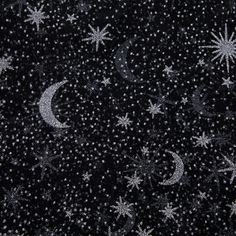 Black with Silver Moon & Stars Mesh | Michaels Black And Silver Aesthetic, Funky Curtains, White Moon, Fun Fabric, Star Decorations, Black Sparkle, Silver Lining, Silver Moon, Moon Stars