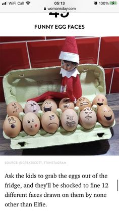 an elf is sitting in the egg carton with nine eggs on it, and there are funny faces drawn on them