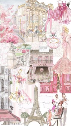 a collage of pink and white images with the eiffel tower in the background