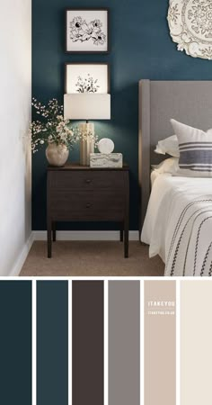 a bedroom with blue walls, white bedding and gray furniture in the color scheme