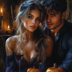 a man and woman posing for a photo with pumpkins