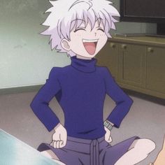 an anime character sitting on the floor with his hands on his hips and smiling at someone