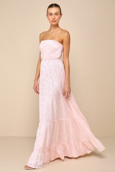 You'll be a vision of perfection in a look like the Lulus Adorably Elegant Blush Pink Jacquard Floral Strapless Maxi Dress! Lightweight woven fabric, with a shiny, burnout floral jacquard pattern throughout, shapes a strapless bodice with a diagonally pleated texture, hidden no-slip strips, and side boning. Fitted waist tops a flaring skirt that falls to a tiered maxi hem. Hidden zipper/clasp at back. Fit: This garment fits true to size. Length: Floor length. Size medium measures 54" from top to Lulu Fashion, Adhesive Bra, Strapless Maxi, Strapless Maxi Dress, Floral Jacquard, Jacquard Pattern, Strapless Bra, Full Skirt, Hidden Zipper