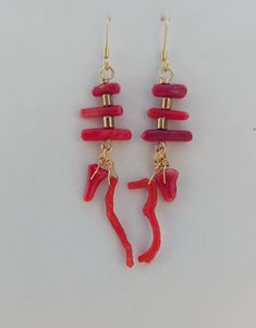 Red Coral earrings Red Dangle Clip-on Earring, Red Dangle Single Clip-on Earring, Coral Dangle Earrings, Red Beaded Dangle Earrings, Red Dangle Earrings For Pierced Ears, Coral Earrings With Ear Wire As Gift, Red Drop Beaded Earrings, Handmade Red Coral Dangle Earrings, Handmade Red Dangle Plug Earrings