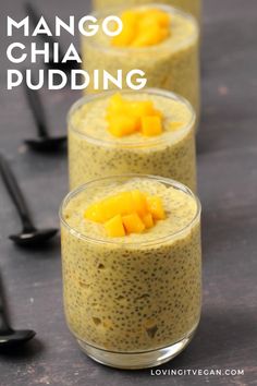 three glasses filled with chia pudding on top of a table