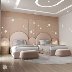 two beds in a room with white stars on the wall and beige carpeted walls