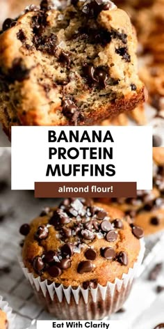 banana protein muffins with chocolate chips on top and the words, almond flour