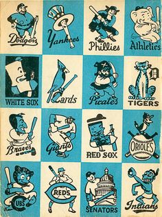 an old blue and white poster with various sports related items on it's sides