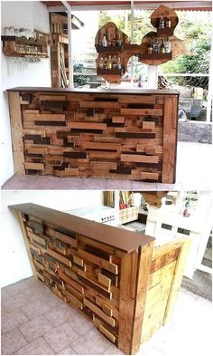 two pictures of a bar made out of wooden pallets