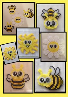 several pictures of different types of bead designs with bees and sunflowers on them