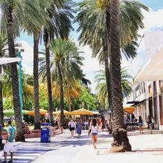 people are walking down the sidewalk in front of some palm trees and buildings with yellow umbrellas