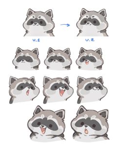 a bunch of raccoons with different facial expressions