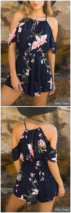 Lace-up Square-neck Random Floral Print Playsuit in Navy Playsuit Outfit, Áo Blu, Outfits Primavera, Mode Tips, Summer Fashion For Teens, Cute Rompers, Cute Summer Outfits, Outfits Casuales, Lany