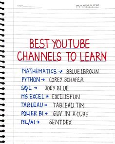 a notebook with the words best youtubee channels to learn written in red and blue