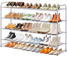 the shoe rack is filled with many pairs of shoes