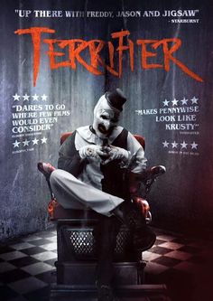 a movie poster with a clown sitting in a chair