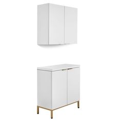 a white cabinet with two doors and one door open on the side, against a white background