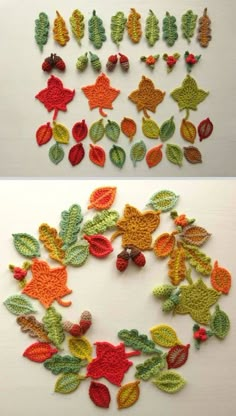 crocheted leaves and acorns are arranged in the shape of a wreath