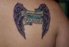 the back of a man's shoulder with an angel wings tattoo on it that reads ryan james 103 - 077