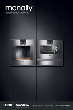 an advertisement for a new kitchen appliance featuring two ovens and one microwave