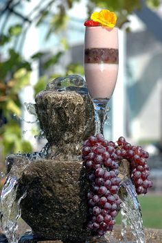 a glass of milkshake next to some grapes on a rock with water running down it