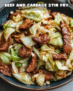 beef and cabbage stir fry in a bowl with text overlay that reads beef and cabbage stir fry