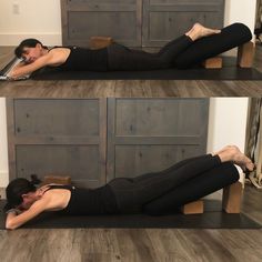 a woman is laying on the floor with her legs spread out and one leg in the air