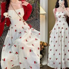 Cherry Embroidered 2-Piece Coquette Dress Set Coquette Fashion Korean Long Frocks, Cute Dresses Korean Style, White Cherry Dress, Cherry Dress Aesthetic, Dress Korean, Red And White Outfit, Korean Long Dress, Soft Girl Dress, Dresses Korean Style