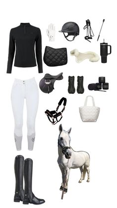 an assortment of equestrian gear including riding boots, gloves, and saddles is shown