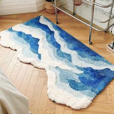 Aesthetic Tufting Ocean Bedroom Rug - Wnkrs Funky Bathroom, Ocean Bedroom, Ocean Rug, Nautical Theme Decor, Floor Safe, Bedside Rug, Blue Bathroom, Ocean Wave, Wave Design