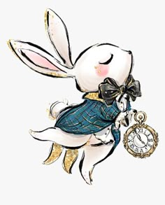 a drawing of a rabbit with a clock