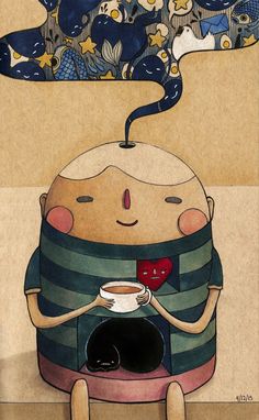 a drawing of a person sitting in front of a coffee cup with their eyes closed