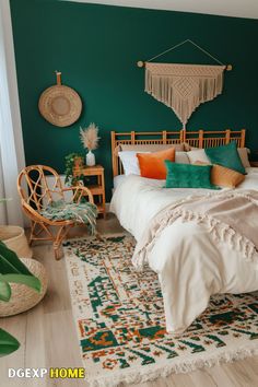 Cozy Boho bedroom with green accents, rattan furniture, and vibrant textiles.