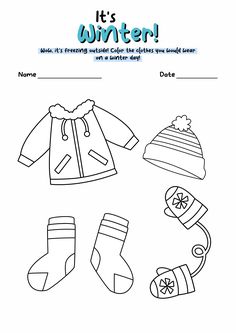 it's winter coloring page with clothes and hats