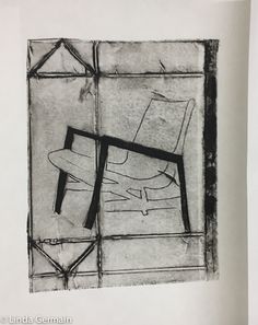 a black and white drawing of a chair in a room with no one on it