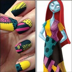 Sally nails Patchwork Nails, Manicure Halloween, Sally Nails, Nightmare Before Christmas Nails, Halloween Manicure, Nail Art Disney, Nails Polish