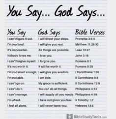 a sheet of paper with words that say you say god says, and an image of the