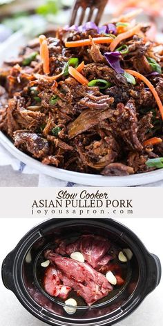 Slow Cooker Asian Pulled Pork - delicious crockpot meat dish that is flavorful, easy and perfect for a quick weeknight dinner! Tender pork seasoned in soy based sauce...super versatile and can be served with rice, noodles, sandwiches etc. #Asian #pork #slowcooker #crockpot #dinner #meal #meat #easydinner #recipe #joyousapron Asian Shredded Pork, Crockpot Asian, Pork Pulled, Slow Cooker Asian, Dinner Quick, Slow Cooker Pulled Pork, Pulled Pork Recipes, Shredded Pork