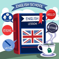 an english lesson is being displayed in front of a book and coffee cup with speech bubbles above it