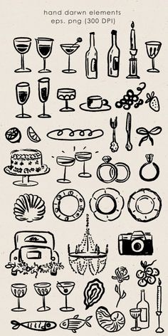 a bunch of black and white drawings with different things on them, including wine glasses