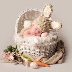 a baby sleeping in a basket with two stuffed animals